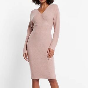 Express Cream Ribbed Knit V Neck Midi Sheath Sweater Dress Size L NWT!